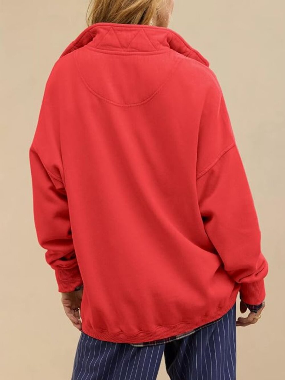 Women's Red Cotton Oversized Henley Sweatshirt Button Neck Casual Pullover Tops - Picture 2 of 6